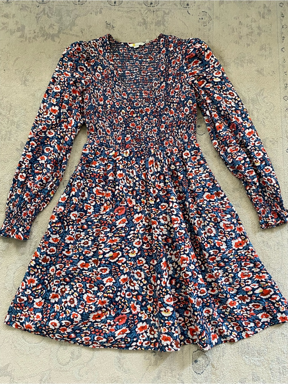 Boden Puff Sleeve Smocked Bodice Floral Print Midi Dress 8 100% Cotton Pockets